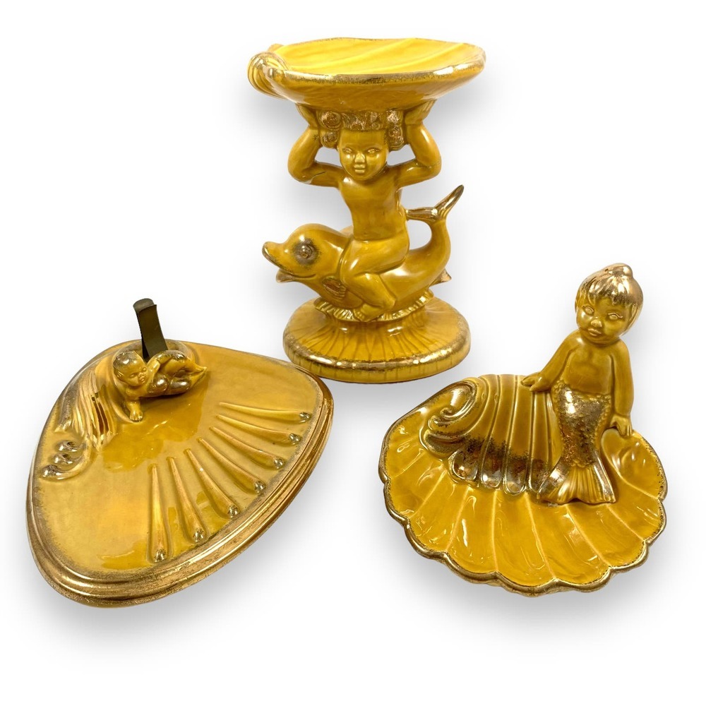 Antique signed Hollywood regency cherub and mermaid ceramic soap dishes - Picture 3 of 17